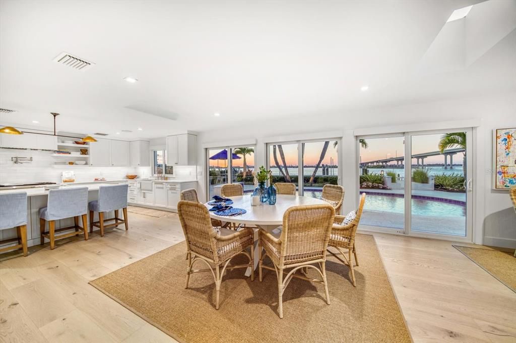 Dining room, Interior, Kitchen, Pendant Lights, Recessed Lighting, Water, Wood Texture Flooring