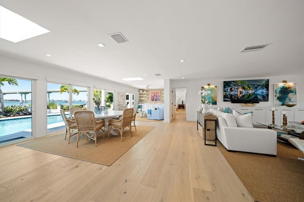 Dining room, Interior, Living room, Recessed Lighting, Water, Wood Texture Flooring