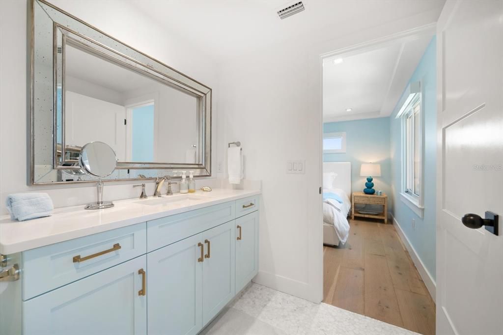 Bathroom, Bedroom, Dual Sink Vanities, Interior, Recessed Lighting, Wood Texture Flooring
