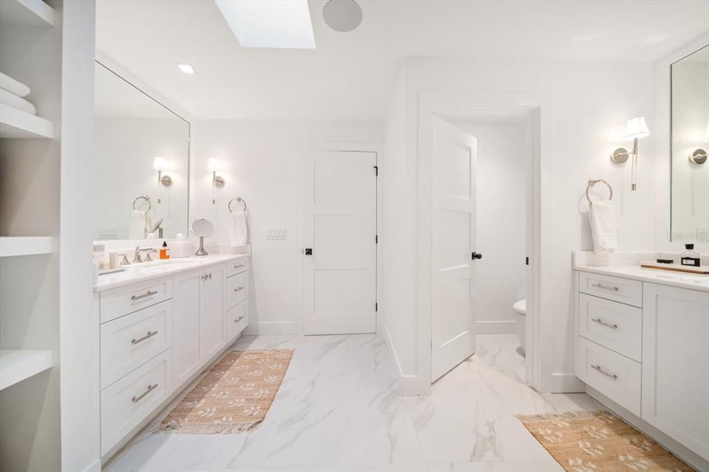 Bathroom, Dual Sink Vanities, Interior, Marble, Recessed Lighting