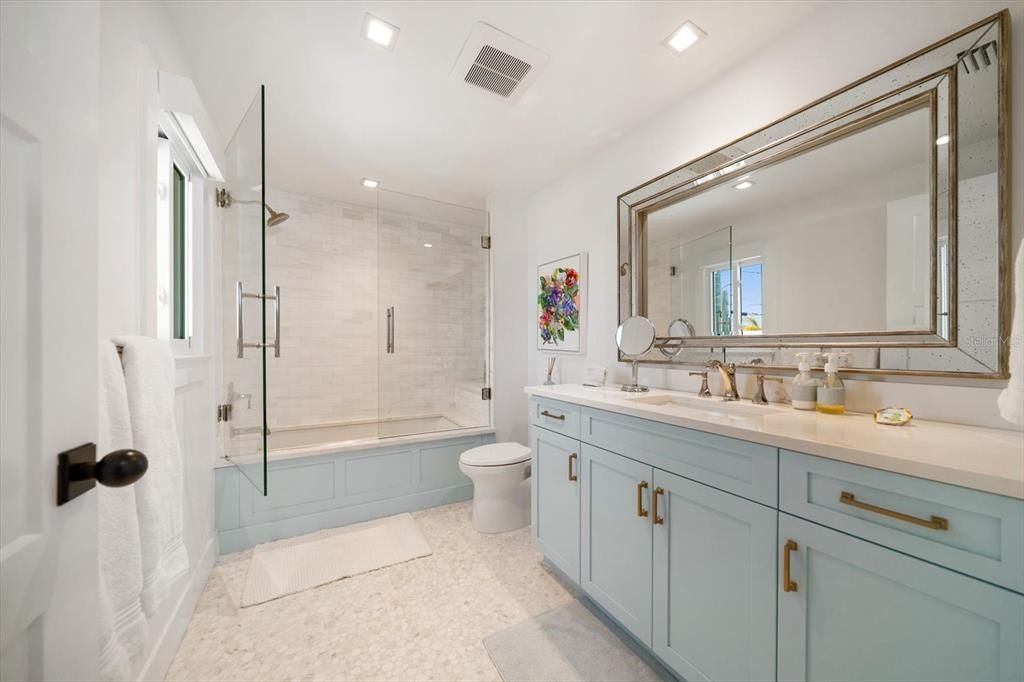 Bathroom, Dual Sink Vanities, Glass Shower, Interior, Recessed Lighting