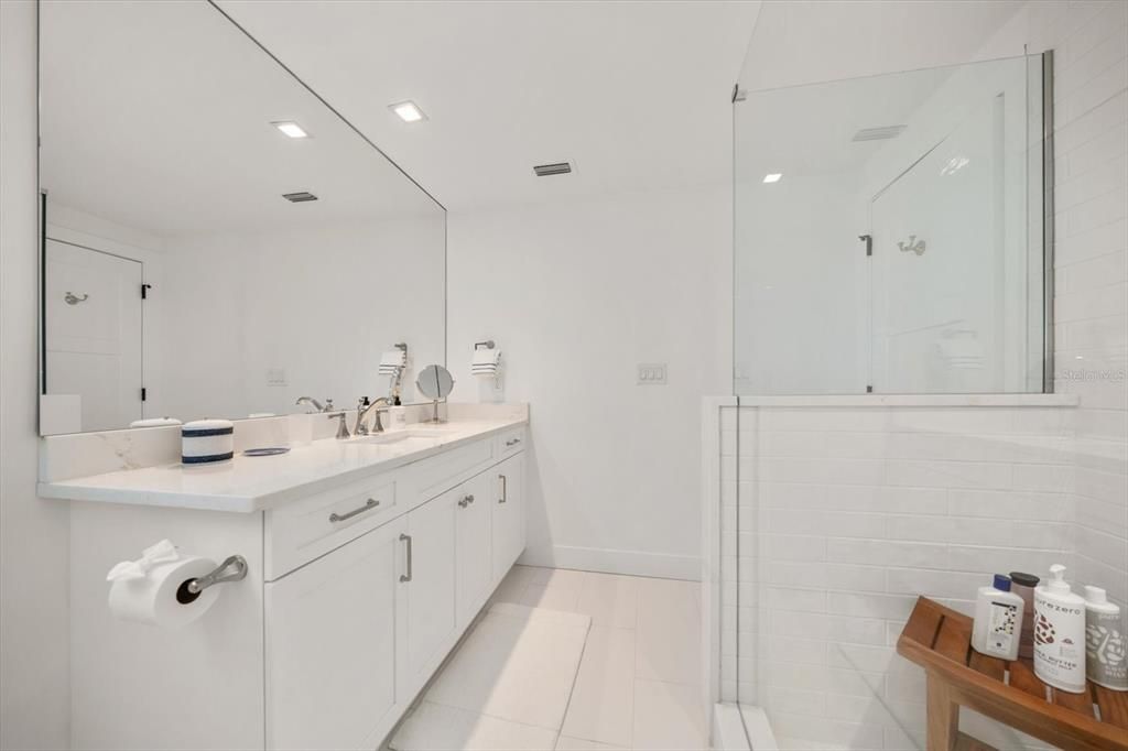Bathroom, Dual Sink Vanities, Glass Shower, Interior, Recessed Lighting