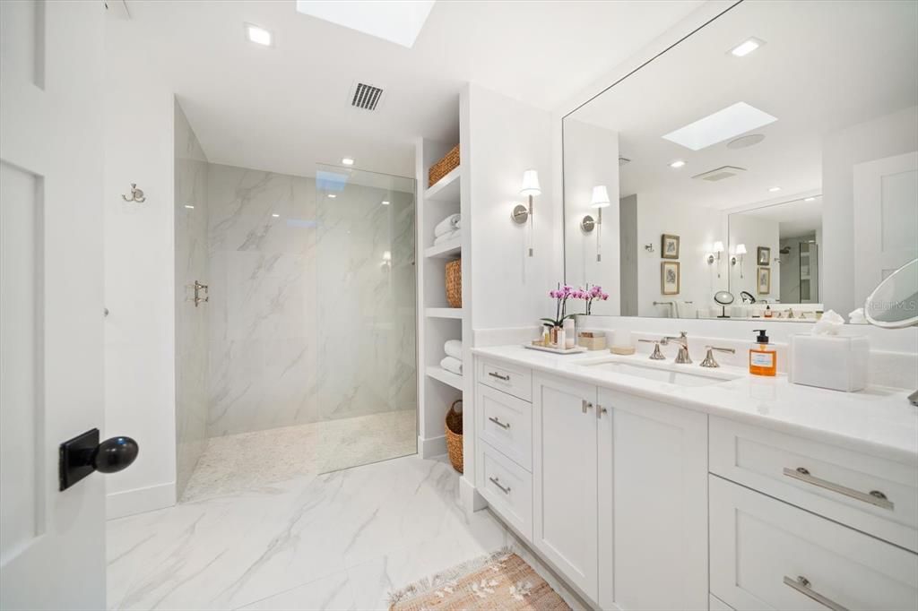 Bathroom, Dual Sink Vanities, Interior, Marble, Marble Walls, Recessed Lighting
