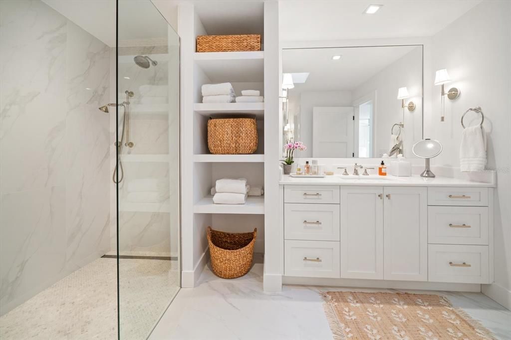 Bathroom, Glass Shower, Interior, Marble, Marble Walls, Recessed Lighting