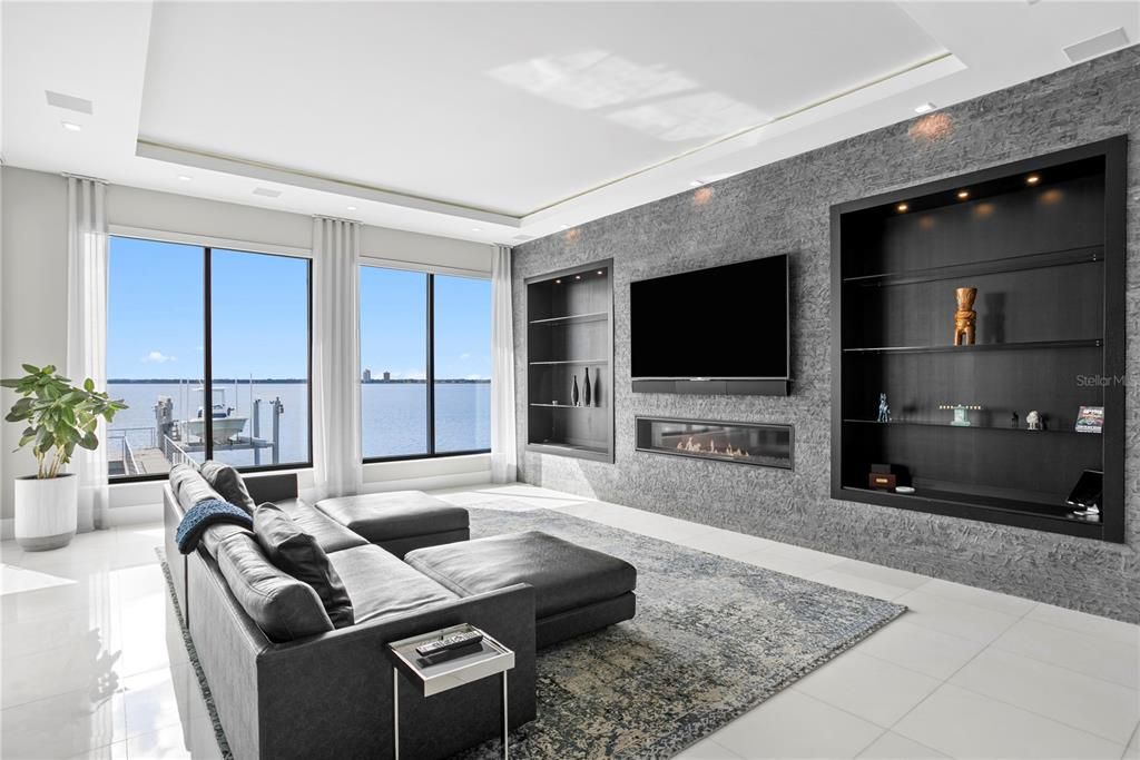 Fireplace, Interior, Living room, Recessed Lighting, Water