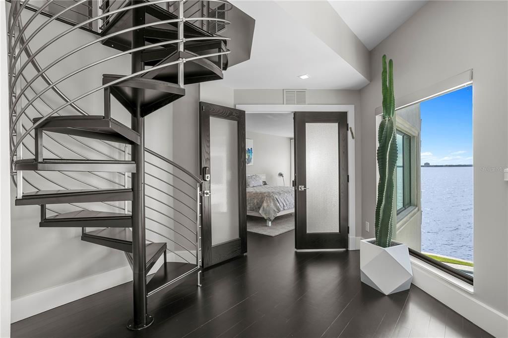 Bedroom, Interior, Recessed Lighting, Water, Wood Texture Flooring