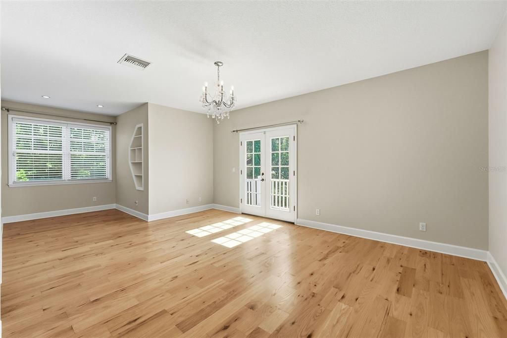 Chandelier, Empty room, Interior, Recessed Lighting, Wood Texture Flooring