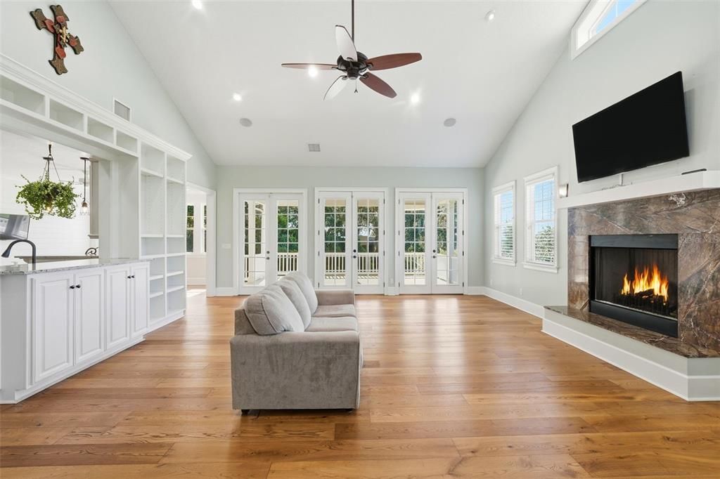 Fireplace, Interior, Recessed Lighting, Wood Texture Flooring