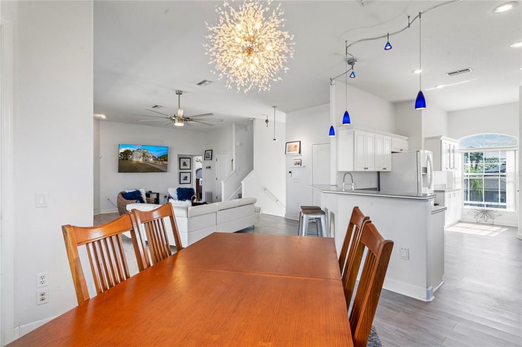 Dining room, Interior, Kitchen, Living room, Pendant Lights, Recessed Lighting, Wood Texture Flooring