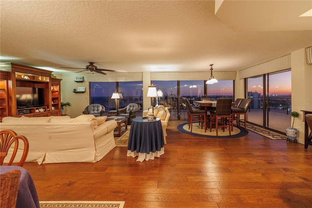 Dining room, Interior, Living room, Pendant Lights, Wood Texture Flooring