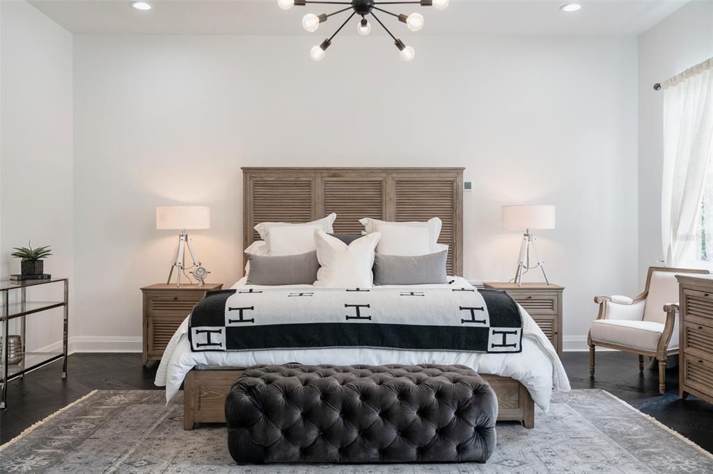 Bedroom, Interior, Pendant Lights, Recessed Lighting, Wood Texture Flooring