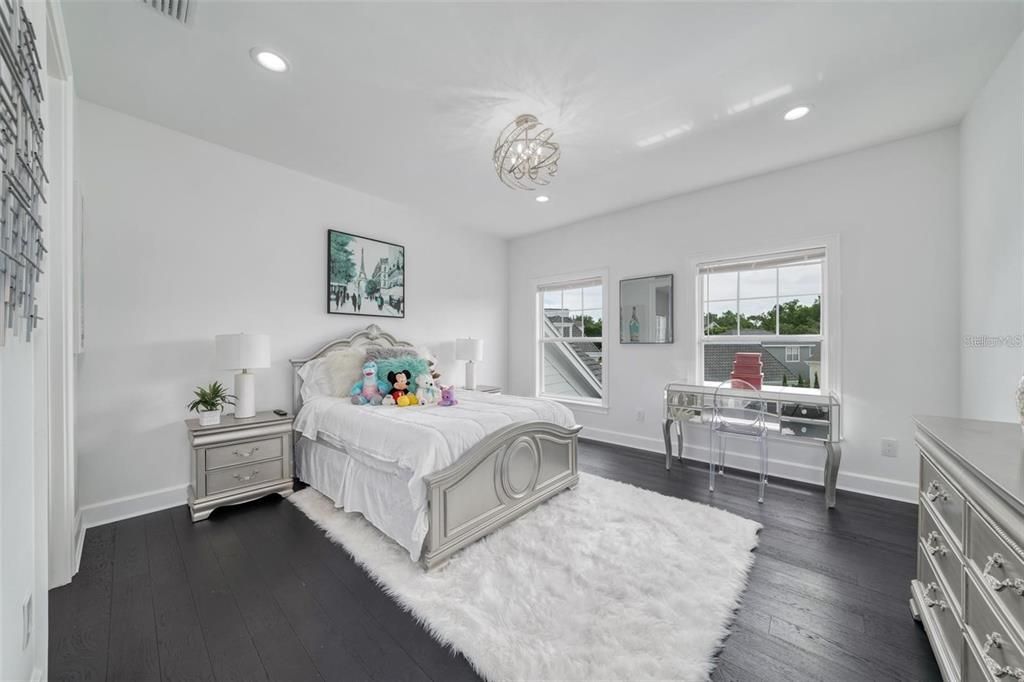 Bedroom, Chandelier, Interior, Recessed Lighting, Wood Texture Flooring