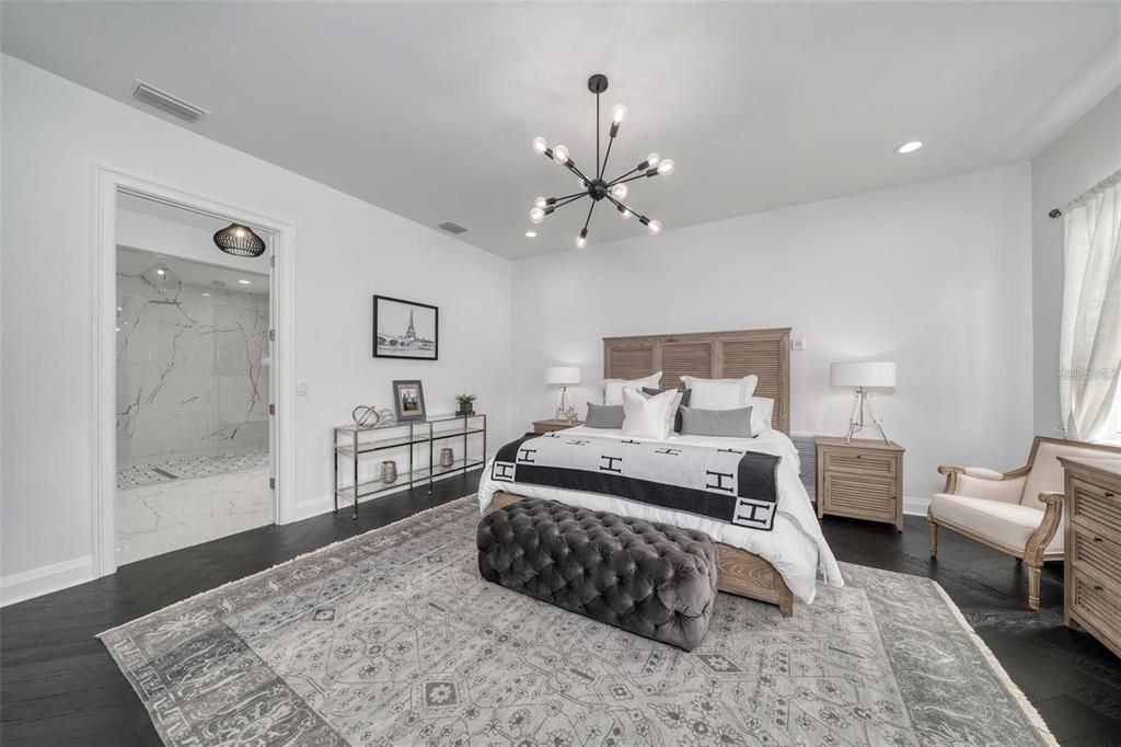 Bathroom, Bedroom, Glass Shower, Interior, Marble Walls, Pendant Lights, Recessed Lighting, Wood Texture Flooring