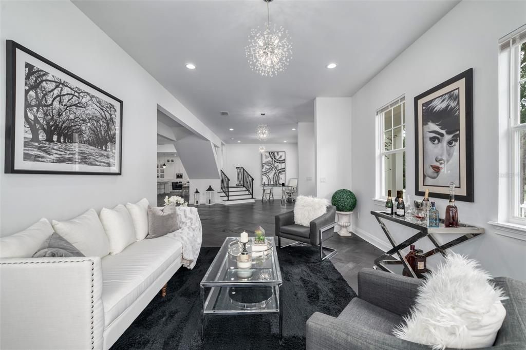 Chandelier, Interior, Living room, Recessed Lighting, Wood Texture Flooring