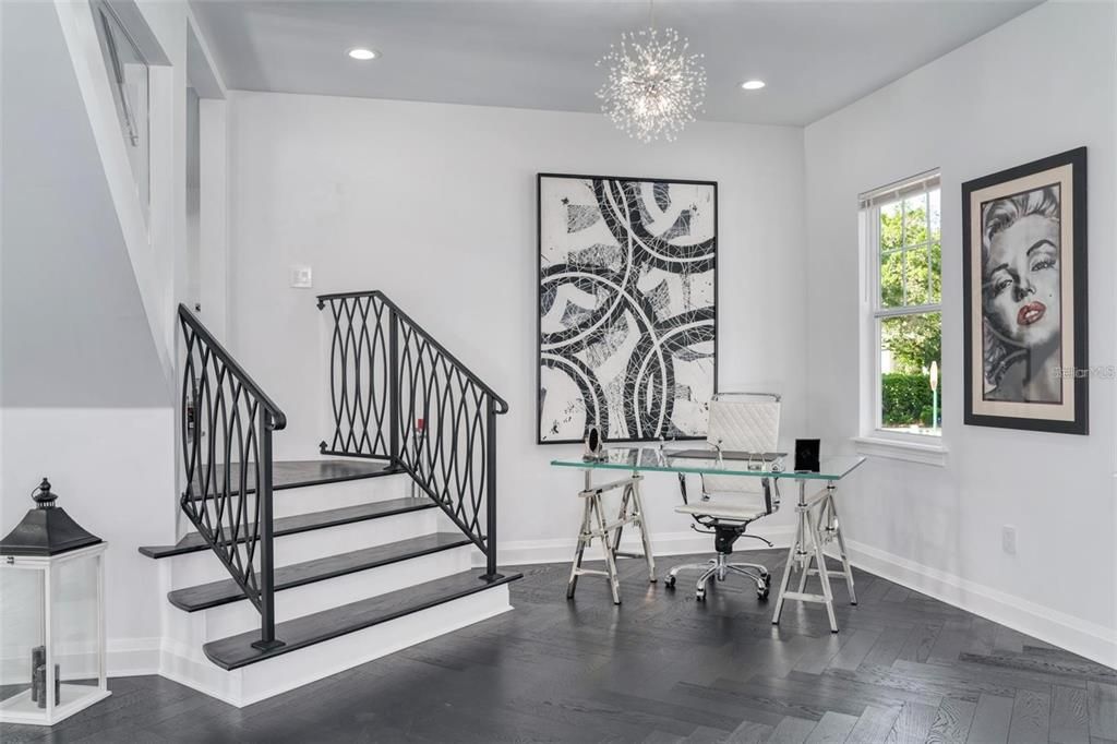 Chandelier, Home Office, Interior, Recessed Lighting, Wood Texture Flooring