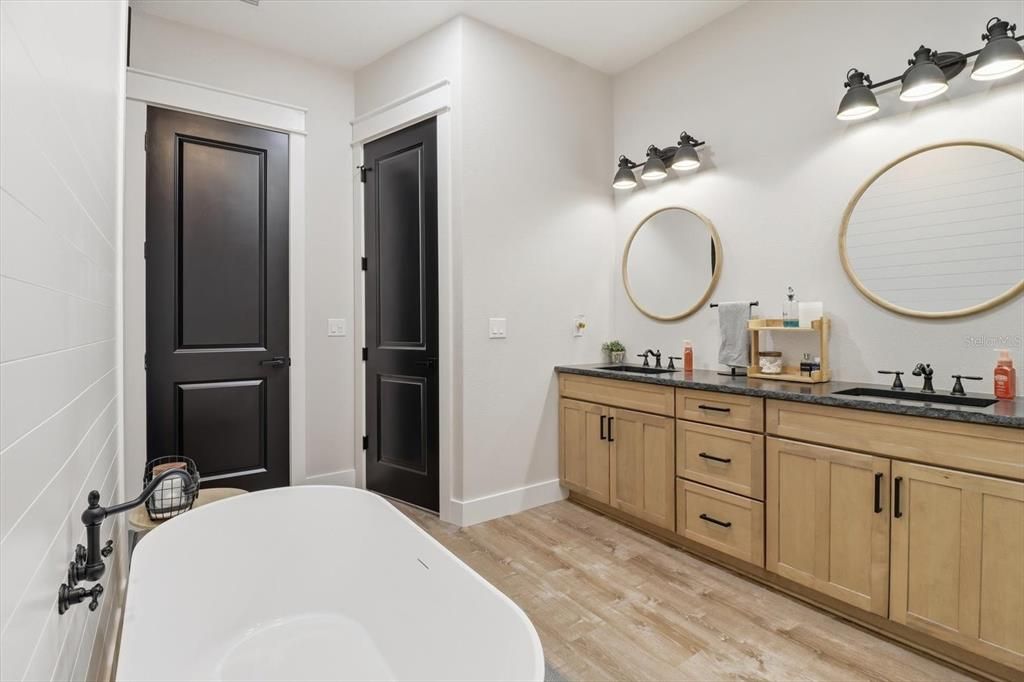 Bathroom, Dual Sink Vanities, Free Standing Baths, Interior, Wood Texture Flooring