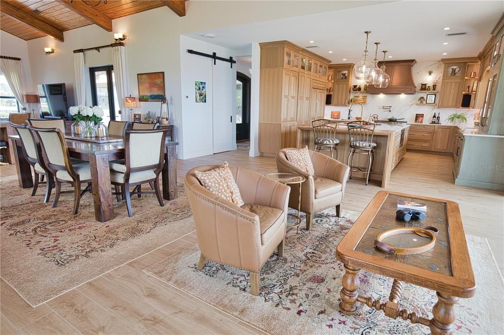 Dining room, Interior, Kitchen, Living room, Pendant Lights, Recessed Lighting, Wooden Beams, Wooden Ceilings, Wood Texture Flooring