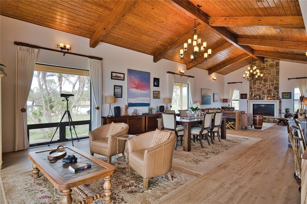 Chandelier, Dining room, Fireplace, Interior, Living room, Wooden Beams, Wooden Ceilings, Wood Texture Flooring