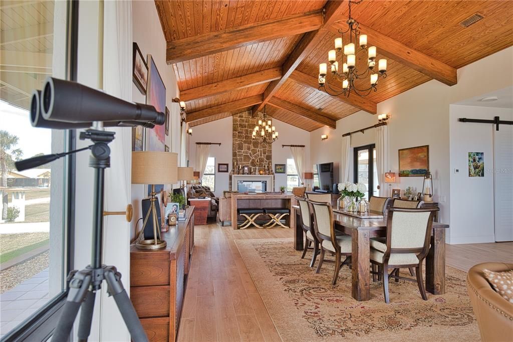 Chandelier, Dining room, Fireplace, Interior, Wooden Beams, Wooden Ceilings, Wood Texture Flooring