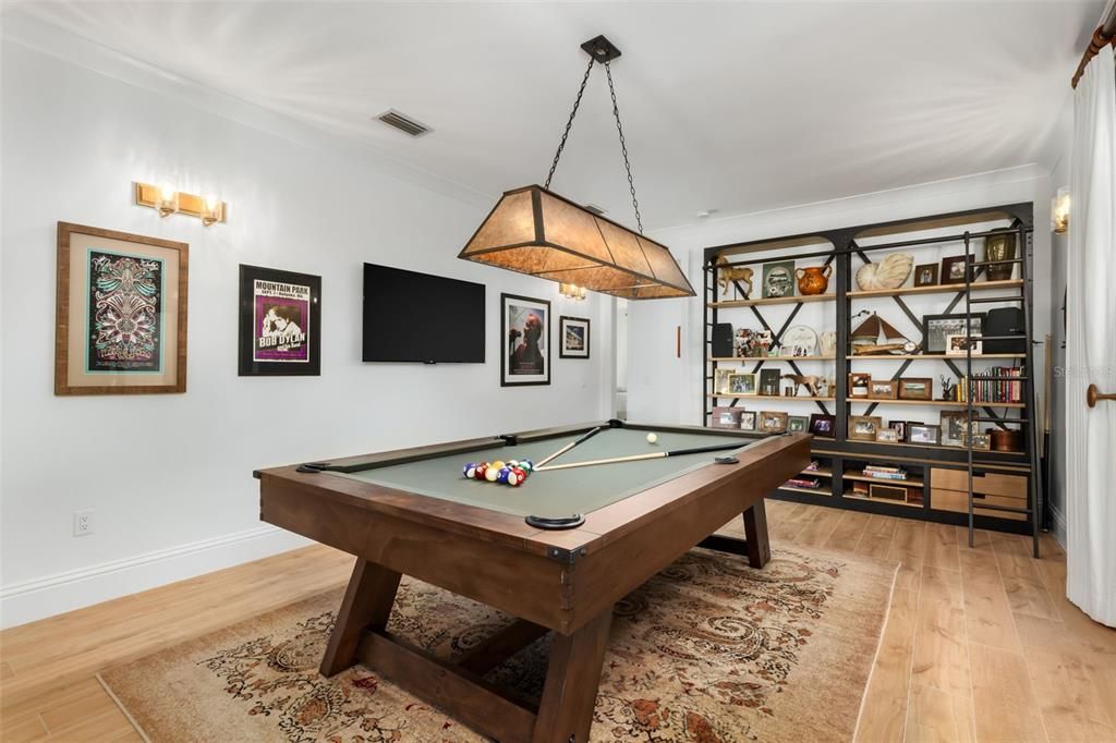 Billiard Table, Game Room, Interior, Pendant Lights, Wood Texture Flooring