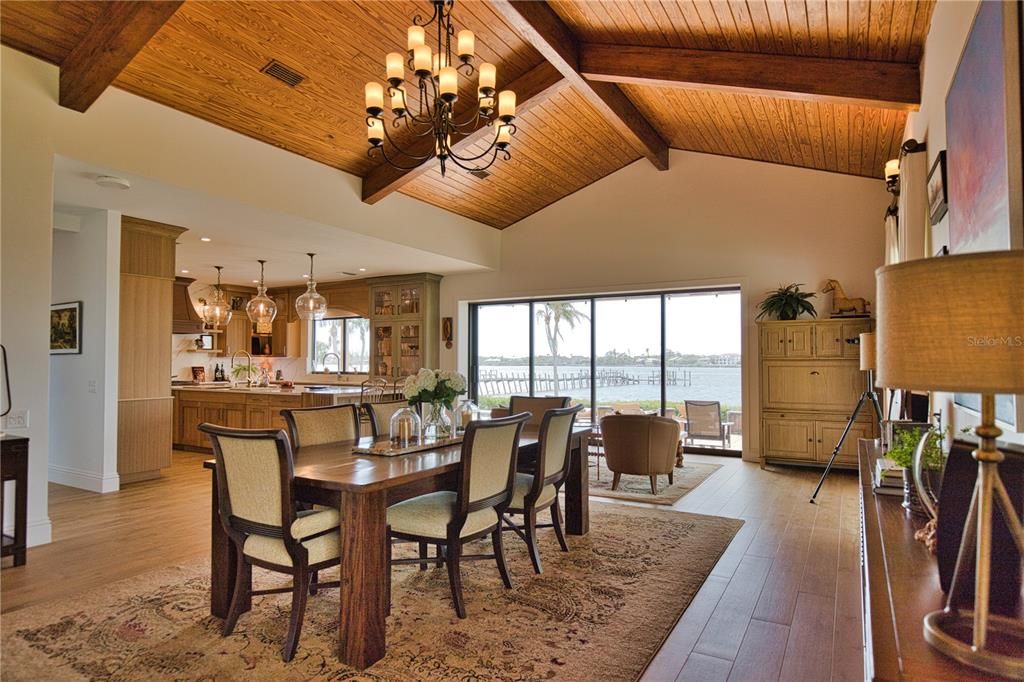Chandelier, Dining room, Interior, Kitchen, Pendant Lights, Water, Wooden Beams, Wooden Ceilings, Wood Texture Flooring