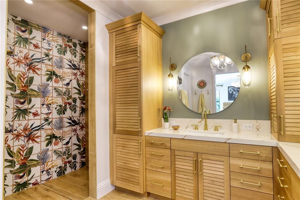 Bathroom, Dual Sink Vanities, Interior, Recessed Lighting, Wood Texture Flooring