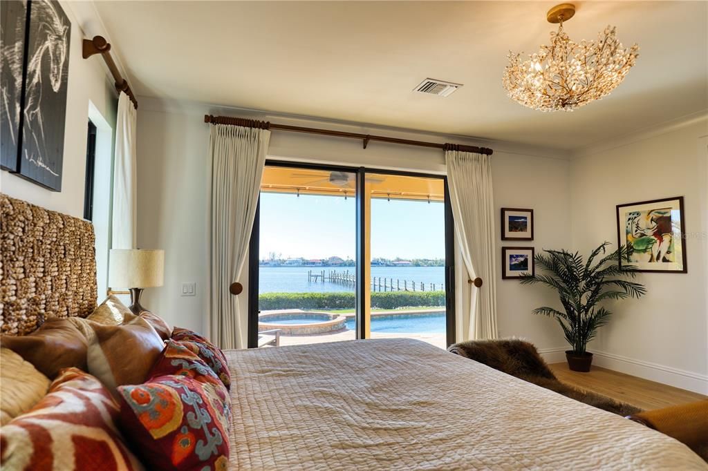 Bedroom, Chandelier, Interior, Water, Wood Texture Flooring