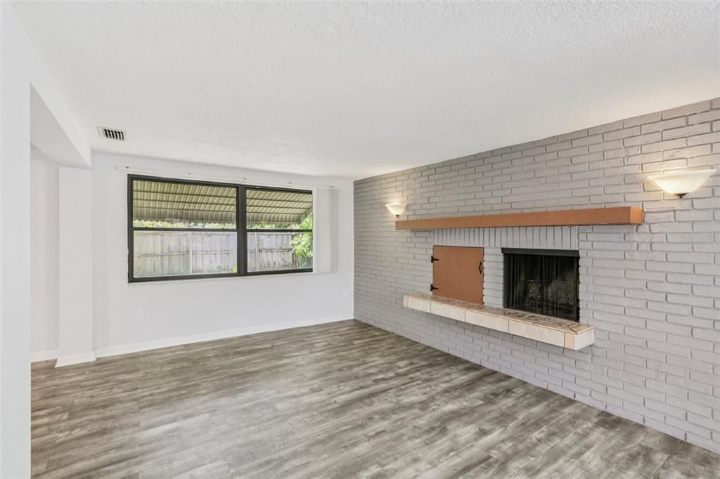 Empty room, Fireplace, Interior, Stone Walls, Wood Texture Flooring