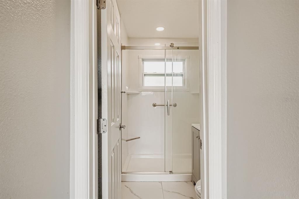 Bathroom, Glass Shower, Interior, Marble, Recessed Lighting