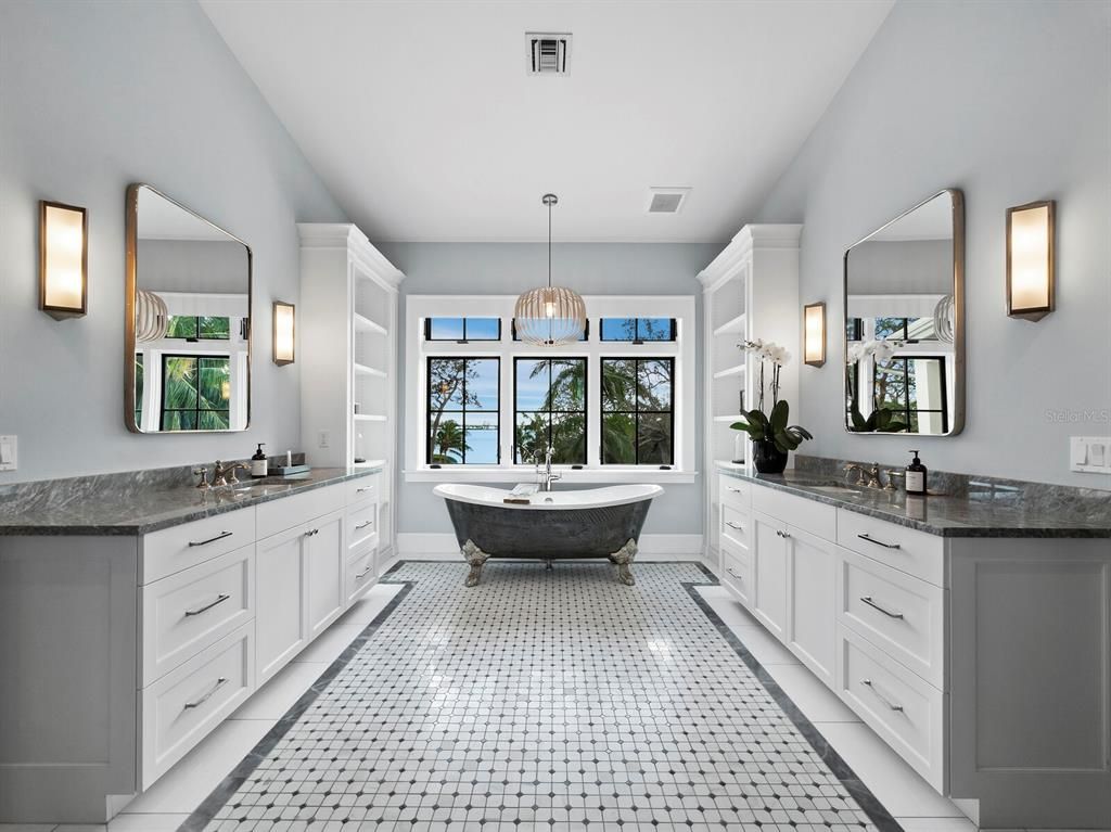 Bathroom, Dual Sink Vanities, Free Standing Baths, Interior, Pendant Lights