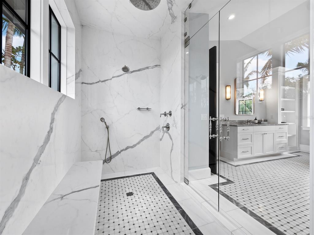 Bathroom, Glass Shower, Interior, Marble Walls, Recessed Lighting