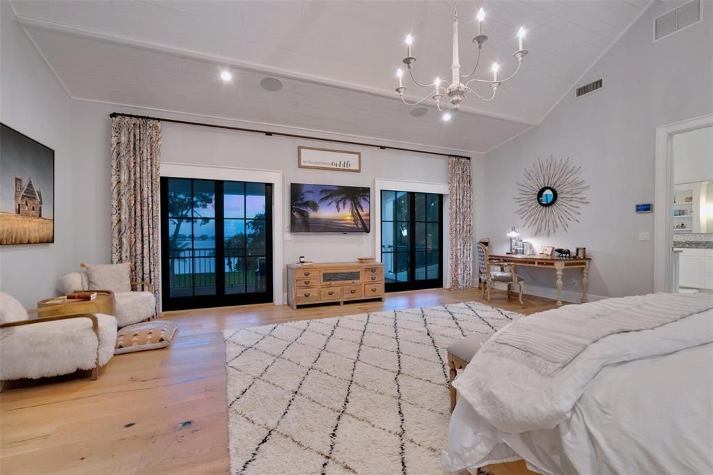 Bedroom, Chandelier, Interior, Recessed Lighting, Wood Texture Flooring