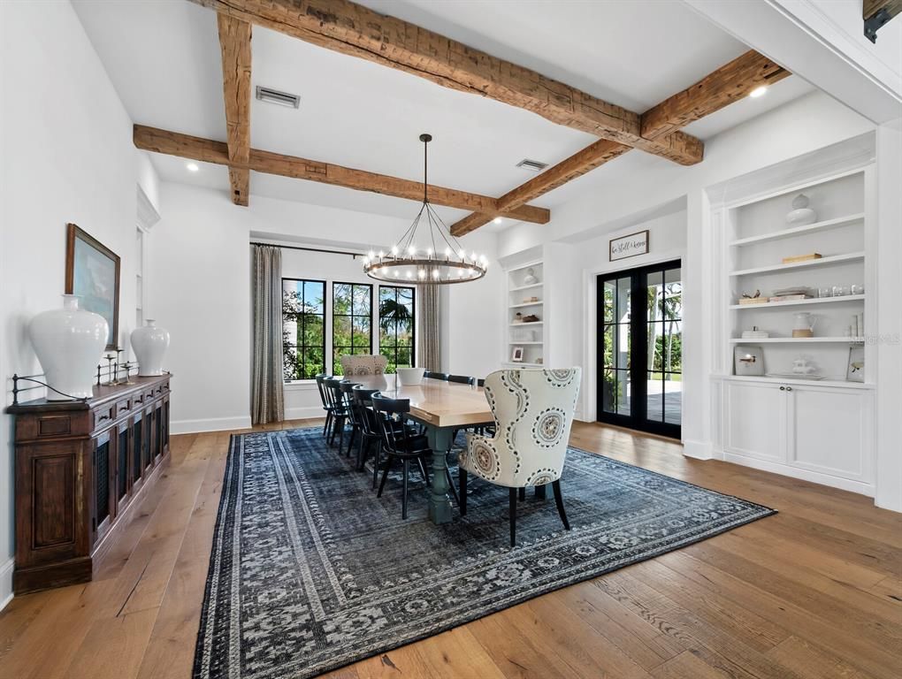 Chandelier, Dining room, Interior, Pendant Lights, Recessed Lighting, Wooden Beams, Wood Texture Flooring