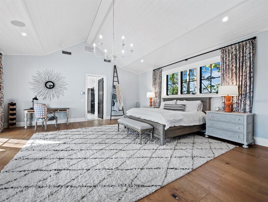 Bedroom, Chandelier, Interior, Recessed Lighting, Wood Texture Flooring