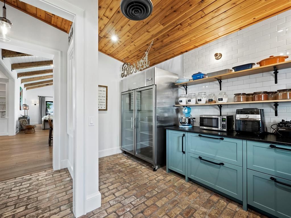 Interior, Kitchen, Recessed Lighting, Stainless Steel Appliances, Wooden Ceilings, Wood Texture Flooring