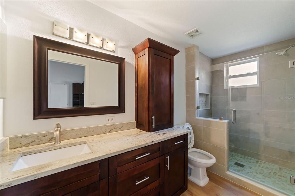 Bathroom, Dual Sink Vanities, Glass Shower, Interior, Wood Texture Flooring