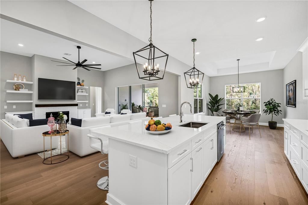 Dining room, Fireplace, Interior, Kitchen, Living room, Pendant Lights, Recessed Lighting, Wood Texture Flooring