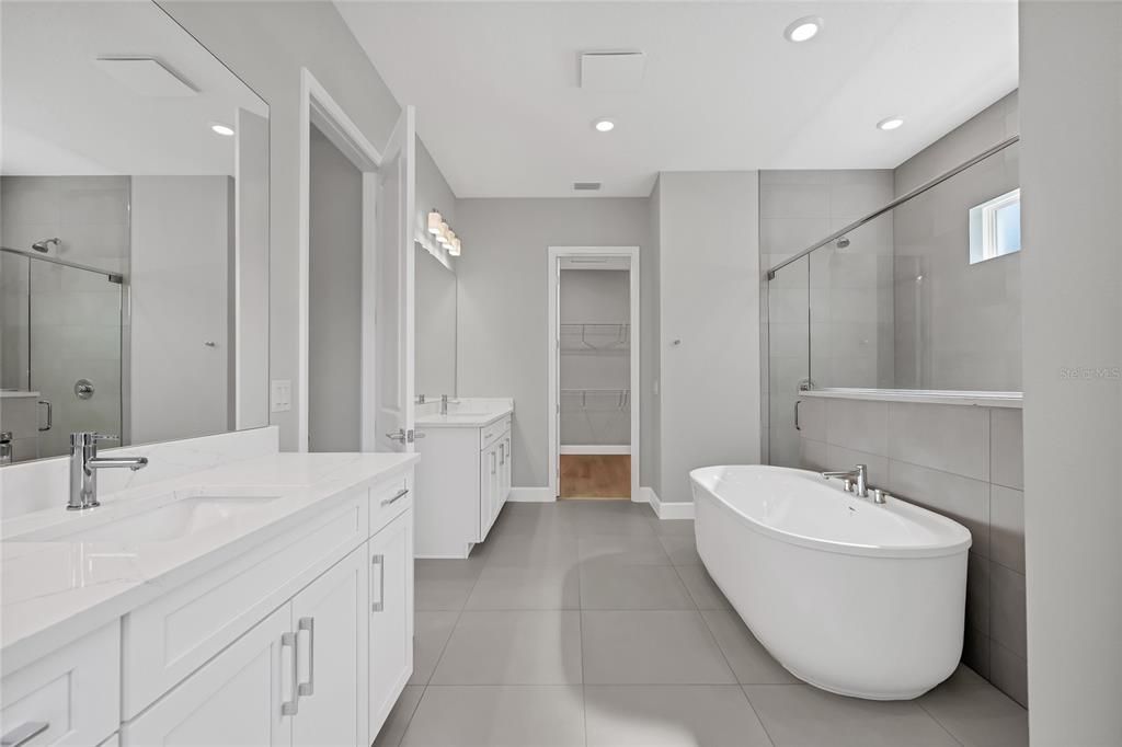Bathroom, Dual Sink Vanities, Free Standing Baths, Glass Shower, Interior, Recessed Lighting
