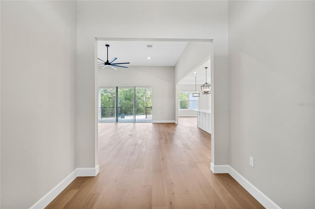 Empty room, Interior, Pendant Lights, Recessed Lighting, Wood Texture Flooring