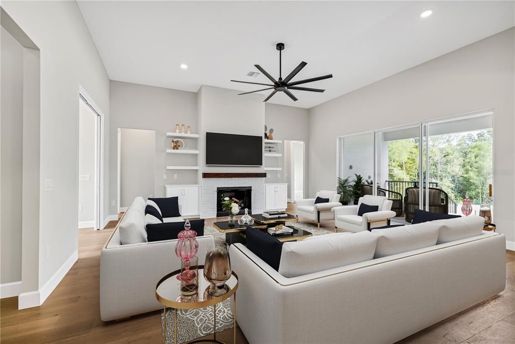 Fireplace, Interior, Living room, Pendant Lights, Recessed Lighting, Wood Texture Flooring