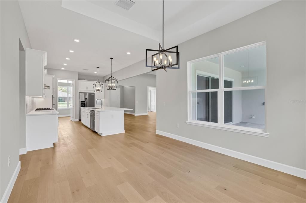 Chandelier, Interior, Kitchen, Pendant Lights, Recessed Lighting, Wood Texture Flooring
