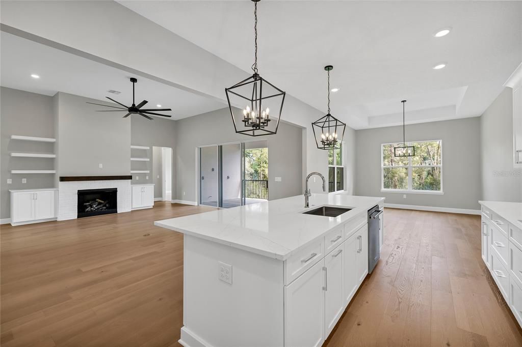 Fireplace, Interior, Kitchen, Pendant Lights, Recessed Lighting, Wood Texture Flooring