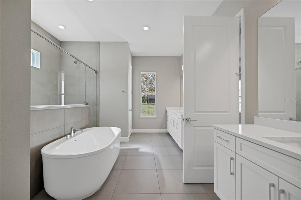 Bathroom, Dual Sink Vanities, Free Standing Baths, Glass Shower, Interior, Recessed Lighting