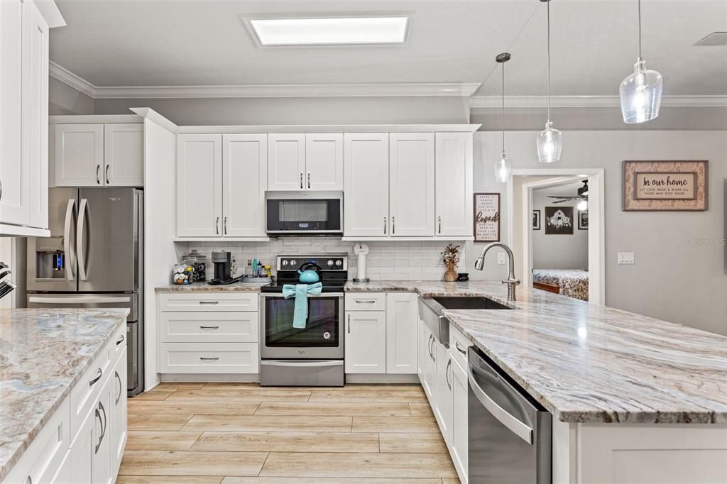Interior, Kitchen, Pendant Lights, Stainless Steel Appliances, Wood Texture Flooring