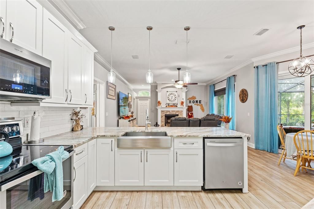 Fireplace, Interior, Kitchen, Living room, Pendant Lights, Wood Texture Flooring