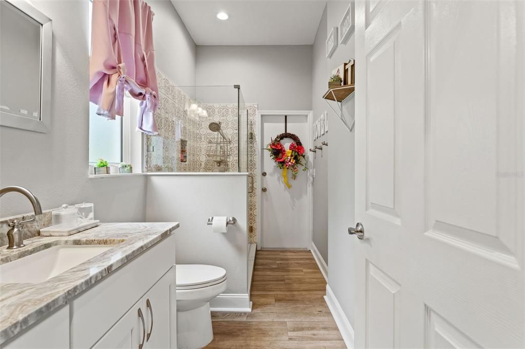 Bathroom, Interior, Recessed Lighting, Wood Texture Flooring