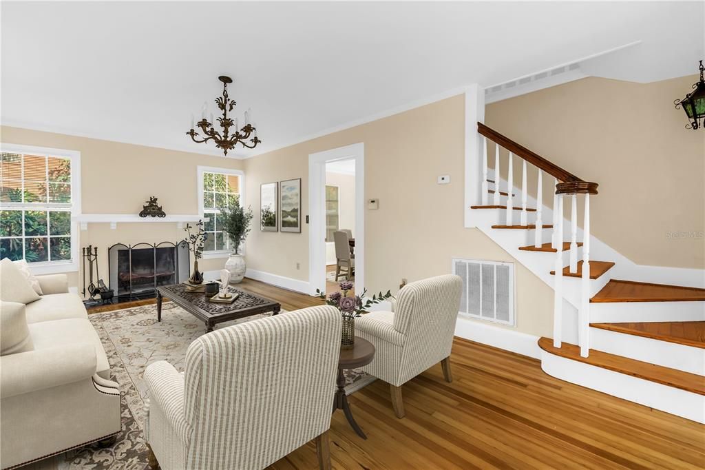 Dining room, Fireplace, Interior, Living room, Wood Texture Flooring