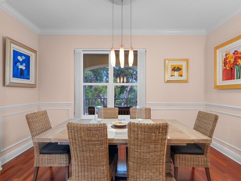 Dining room, Interior, Pendant Lights, Wood Texture Flooring