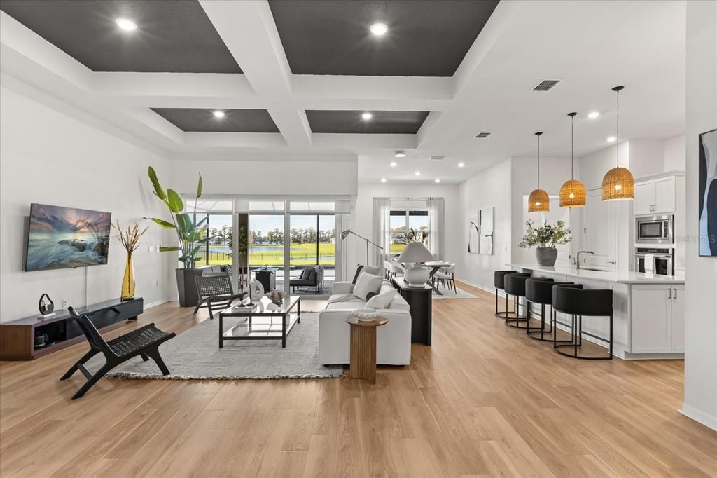 Interior, Kitchen, Living room, Pendant Lights, Recessed Lighting, Stainless Steel Appliances, Wood Texture Flooring