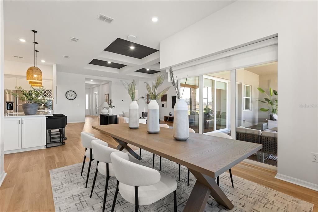 Dining room, Interior, Pendant Lights, Recessed Lighting, Wood Texture Flooring